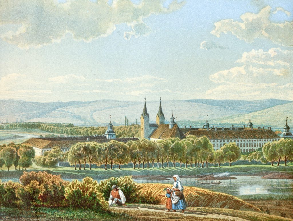 Altes Gemälde von Schloss und umliegender Landschaft